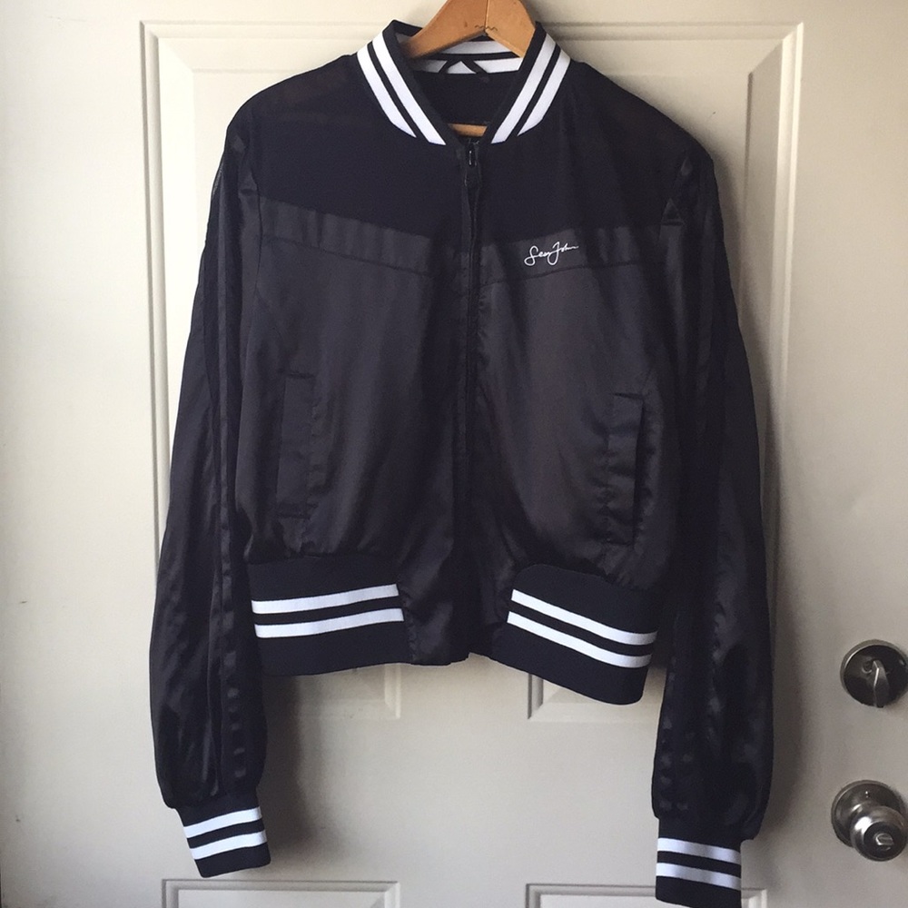Sincerly Jules Black Satin Bomber Jacket with Stripe Trim